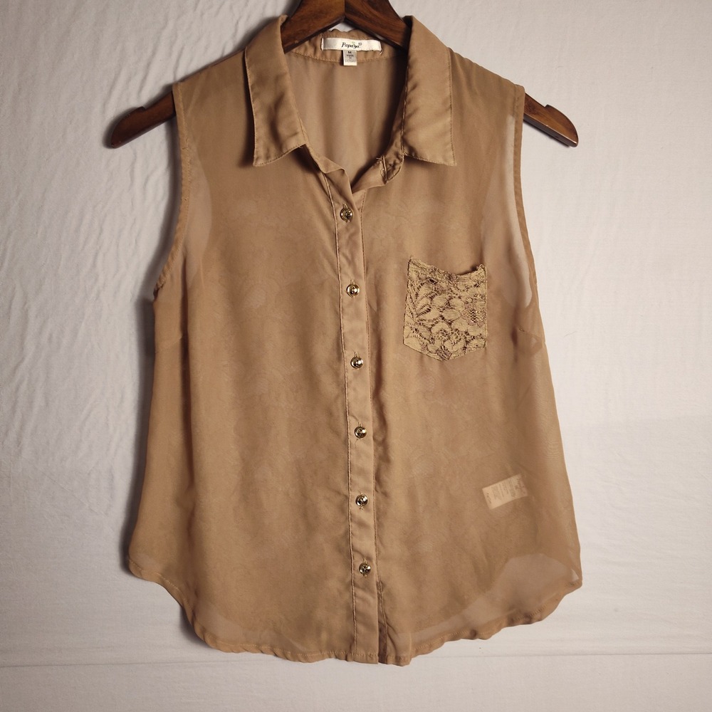 Papaya Womens Tan Sleeveless Lace Back Button Down Blouse Size Medium Gold Buttn